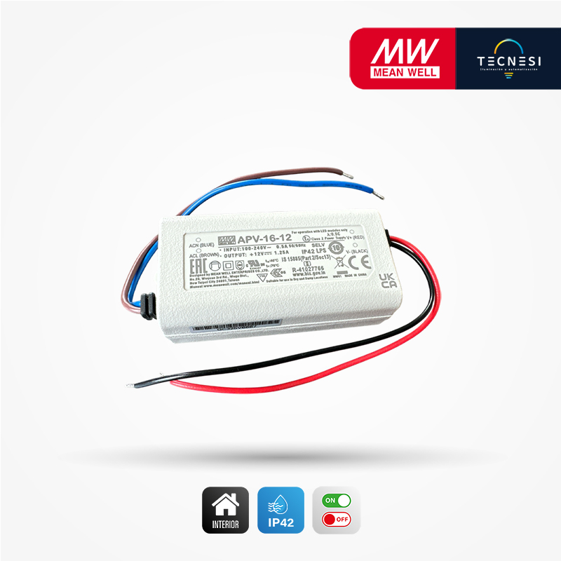 MEAN WELL (APV-16-12). Driver IP42, de 12V, 1.25A, 15W. On/Off.