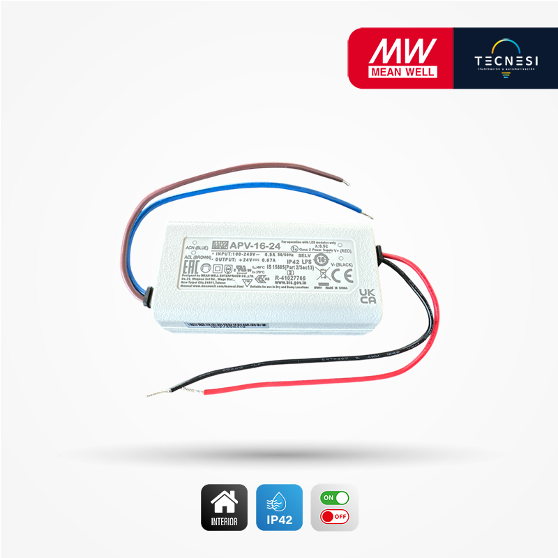 MEAN WELL (APV-16-24). Driver IP42, de 24V, 0.67A, 16.08W. On/Off.