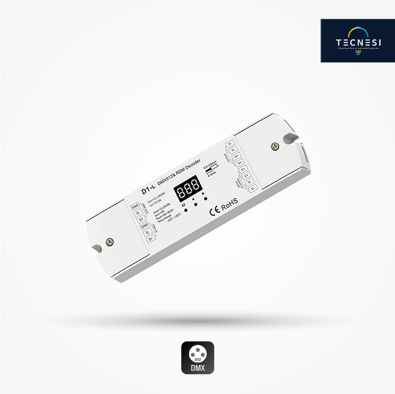 Controlador TECNESI (D1-L). Decodificador DMX/RDM 12-24VDC. De 15.5A*1CH: 12V@180W, 24V@360W.