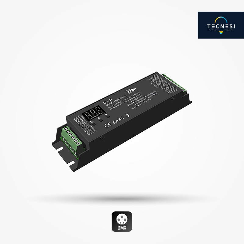 Controlador TECNESI (D4-P). Decodificador DMX/RDM 12-48VDC. De 8A*4CH: 12V@384W, 24V@768W. De 6A*4CH: 36V@864W, 48V@1152W.