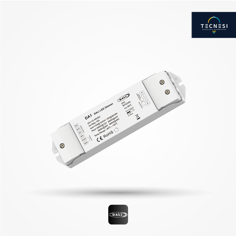 Controlador TECNESI (DA1). DALI + Push dim, para 12-48VDC de 1CH. De 15A: 12V@180W, 24V@360W. De 10A: 36V@360W, 48V@480W.