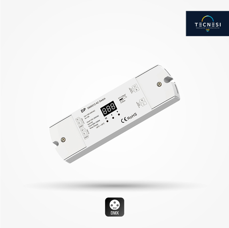 Controlador TECNESI (DP). Decodificador DMX/RDM, para luminarias On/Off 100-240VAC, de 5A*1CH.