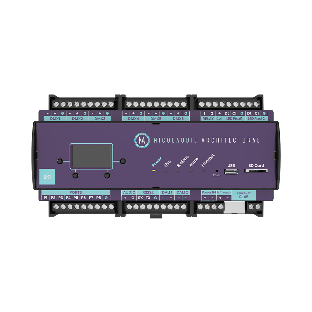 Nicolaudie DINA-DR1. Controlador DMX/RDM programable. 512CH (x6), DALI(x2), eDMX, LED Pixel (SPIx2), Ethernet, 2000 escenas, 8 contactos secos
