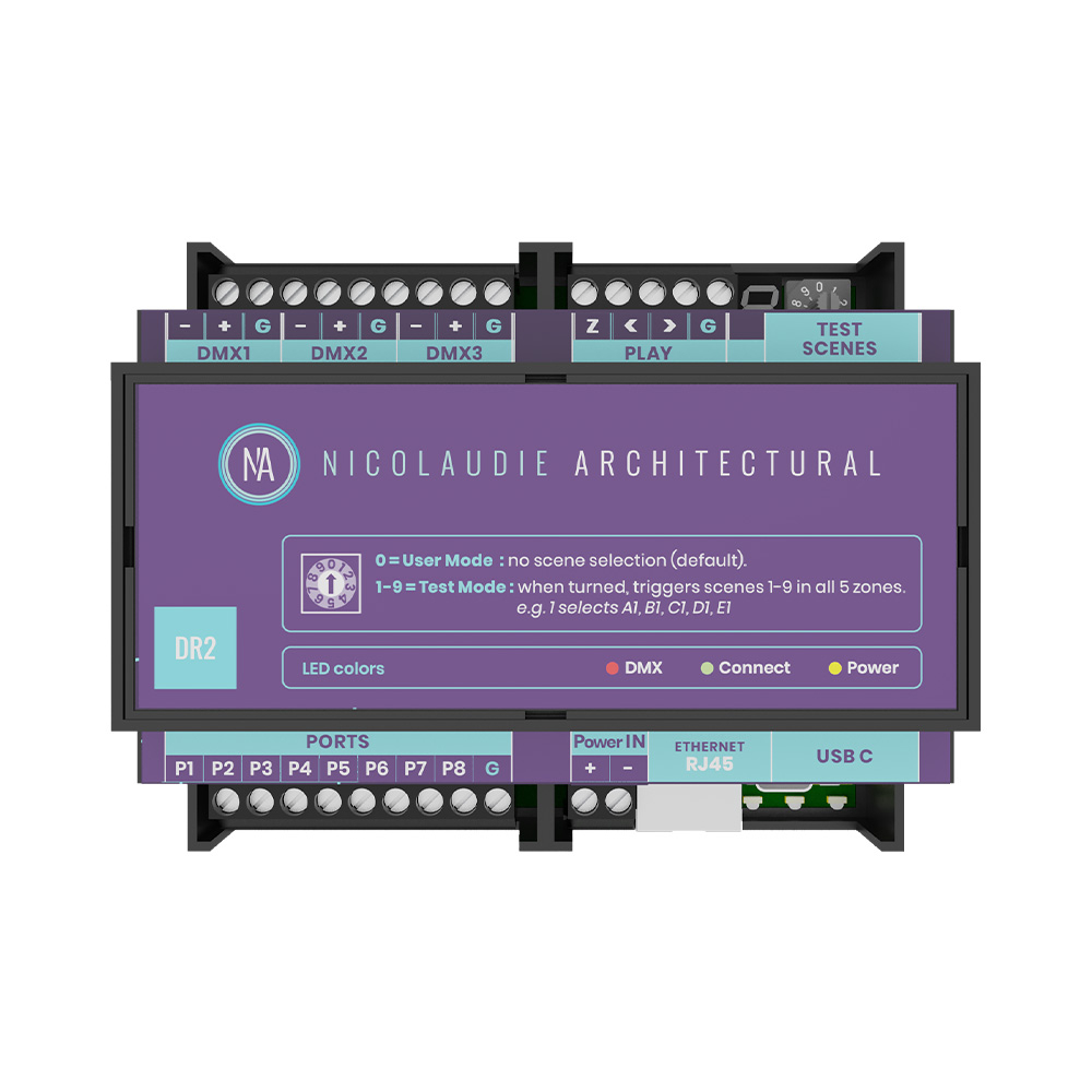 Nicolaudie DINA-DR2. Controlador DMX/RDM programable. 512CH (x2), Ethernet, 99 escenas, 8 contactos secos. Expandible a 512CH(x3)
