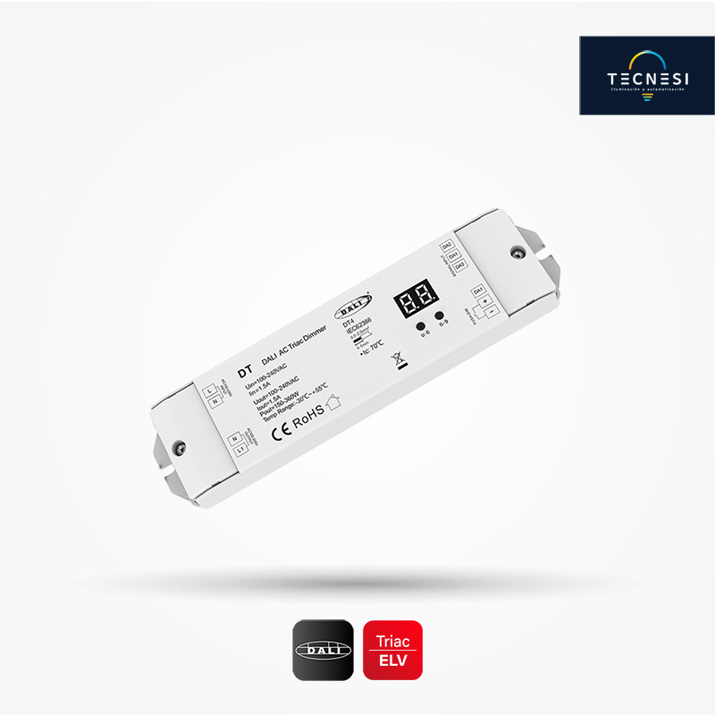 Controlador TECNESI (DT). Convertidor TRIAC dimmer a DALI + push Dim. Entrada: 100-240VAC, Máx. 200W.