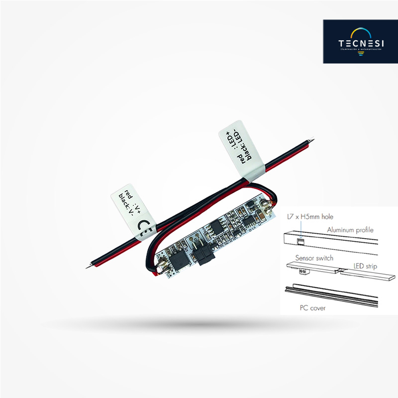 Sensor TECNESI (E1-D). Para perfil LED de 12-24VDC tipo interruptor para puerta. De 4A*1CH: 12V@48W, 24V@96W.