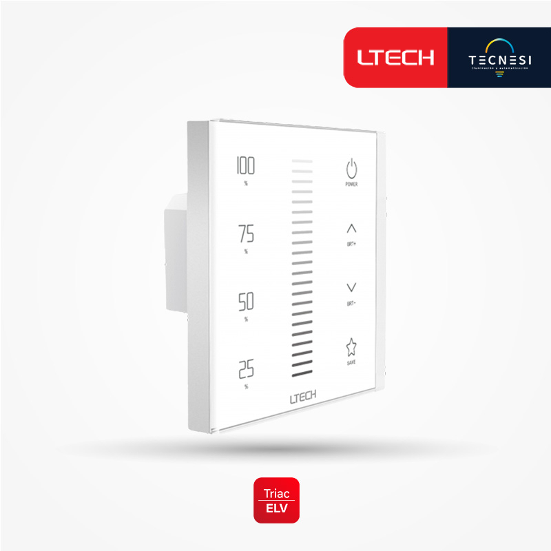 Controlador LTECH (E1S-TD). ELV (Trailing edge), tipo táctil. Entrada: 100-240Vac. Max. 200W. Función de atenuación para 1CH. Caja tipo 86.