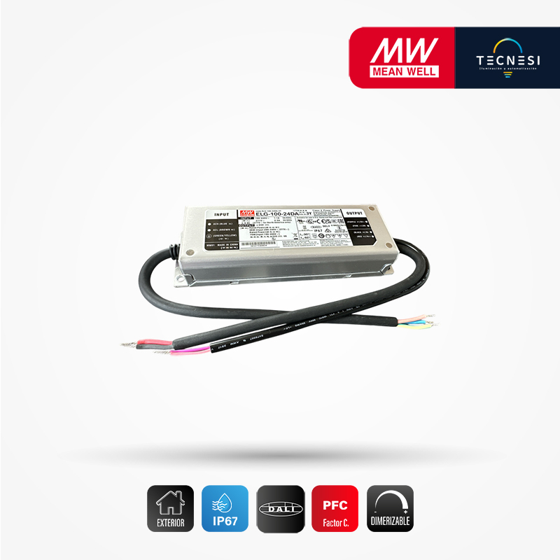 MEAN WELL (ELG-100-24DA). Driver IP67, de 24V, 4A, 96W, PF>0.95. DALI.