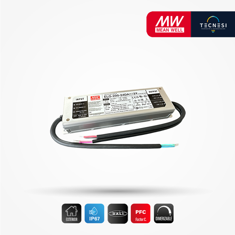 MEAN WELL (ELG-200-24DA). Driver IP67, de 24V, 8.4A, 201.6W, PF>0.95. DALI.