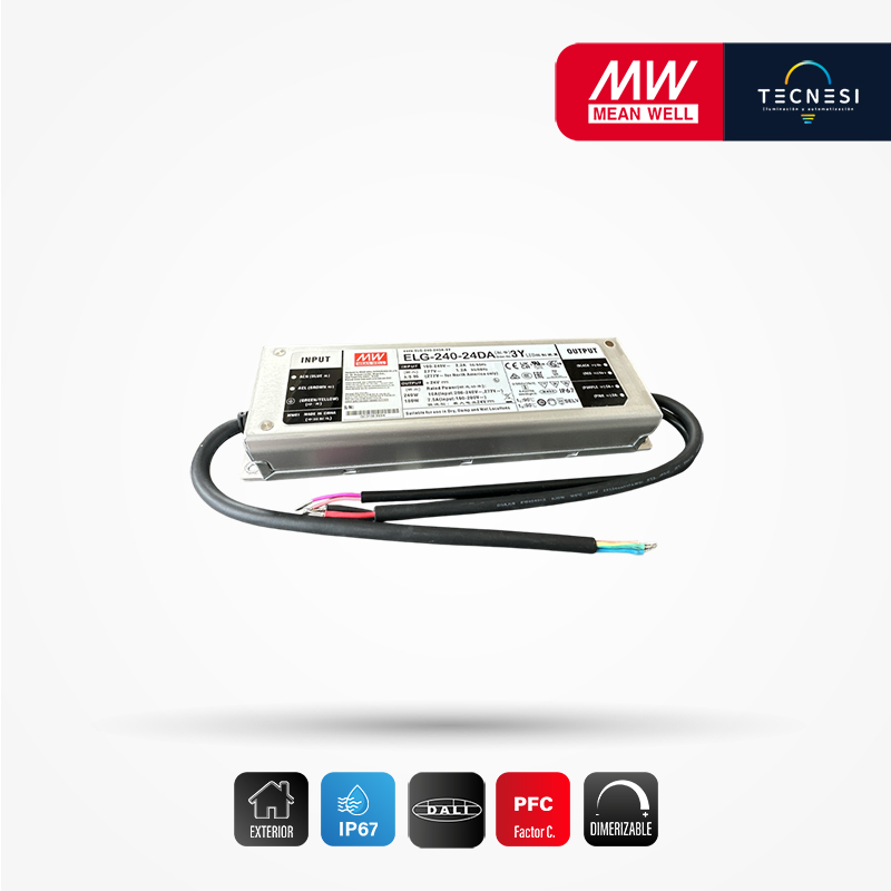 MEAN WELL (ELG-240-24DA). Driver IP67, de 24V, 10A, 240W, PF>0.95. DALI.