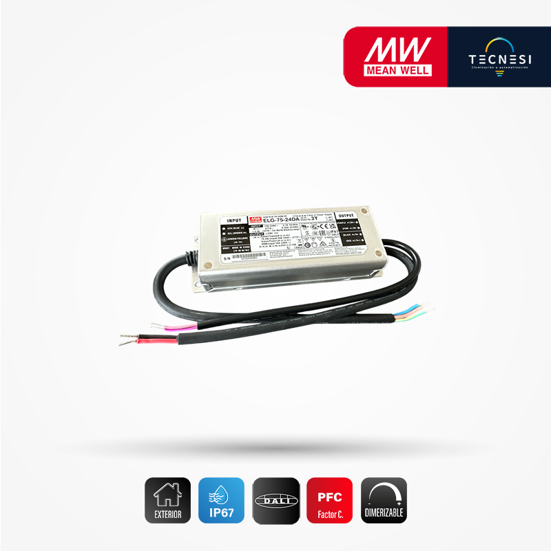 MEAN WELL (ELG-75-24DA). Driver IP67, de 24V, 3.15A, 75.6W, PF>0.95. DALI.