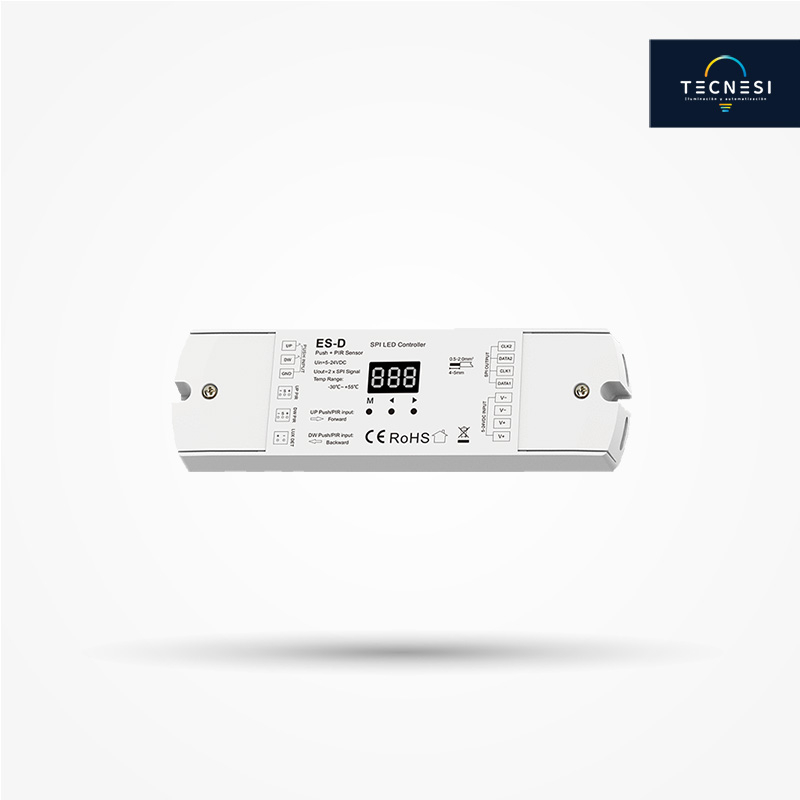 Controlador TECNESI (ES-D). Para escaleras, para 5-24VDC. De 15A. Salida SPI(TTL)x2, máximo 960 píxeles RGB o monocromático. Funciona con sensores o push.
