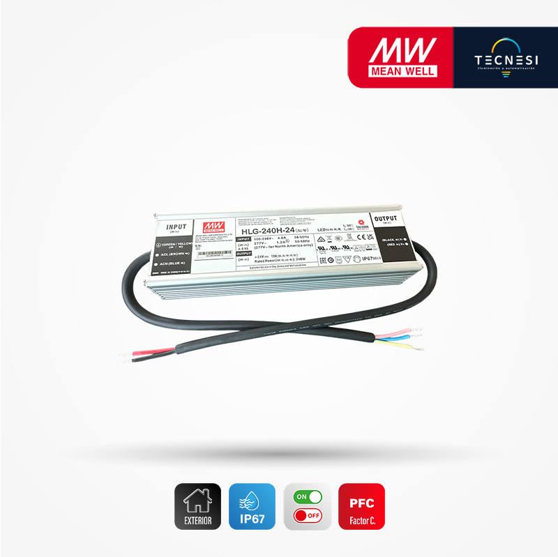 MEAN WELL (HLG-240H-24). Driver IP67, de 24V, 10A, 240W, PF>0.95. On/Off.