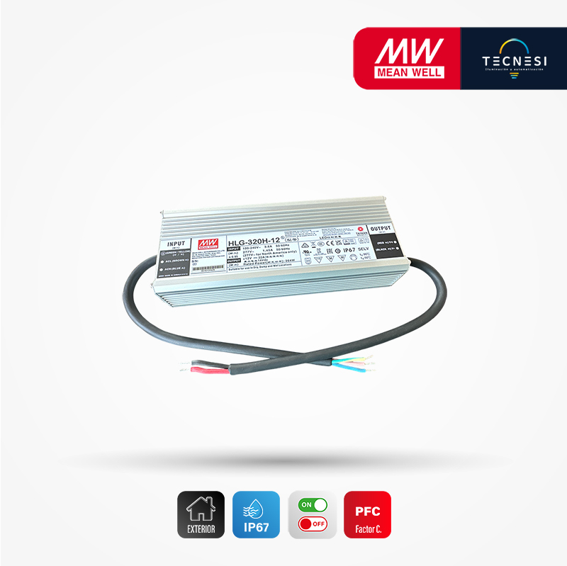 MEAN WELL (HLG-320H-12). Driver IP67, de 12V, 22A, 264W, PF>0.95. On/Off.