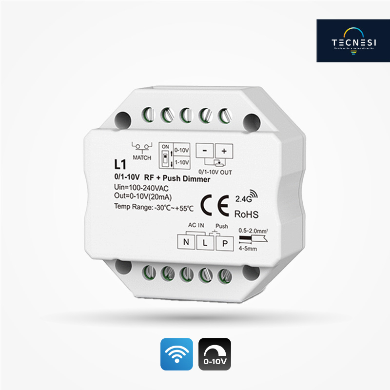 Controlador TECNESI (L1). 0-10V, 1-10V, RF y Push dim de 1CH. Entrada 100-240VAC, Máx 3A.