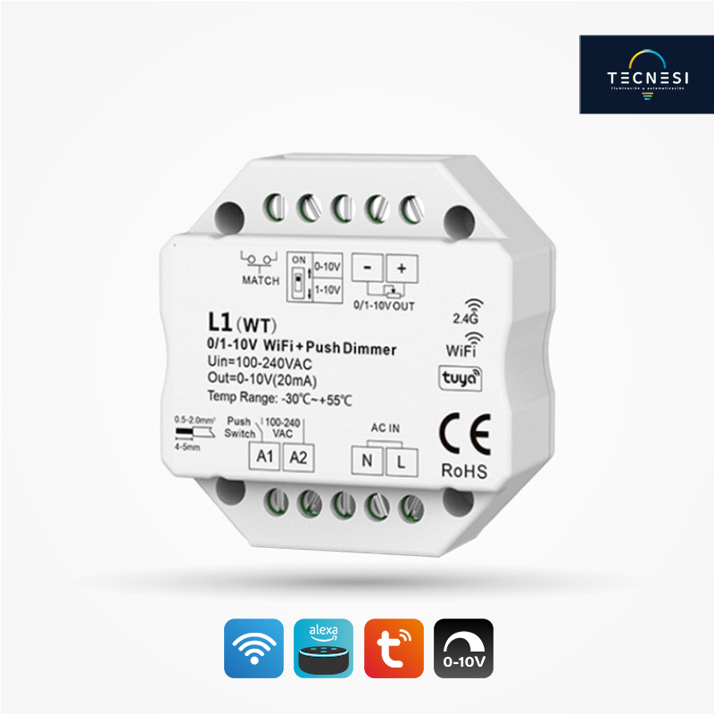 Controlador TECNESI (L1(WT)). 0-10V, 1-10V, App Tuya, RF y Push dim de 1CH. Entrada 100-240VAC.