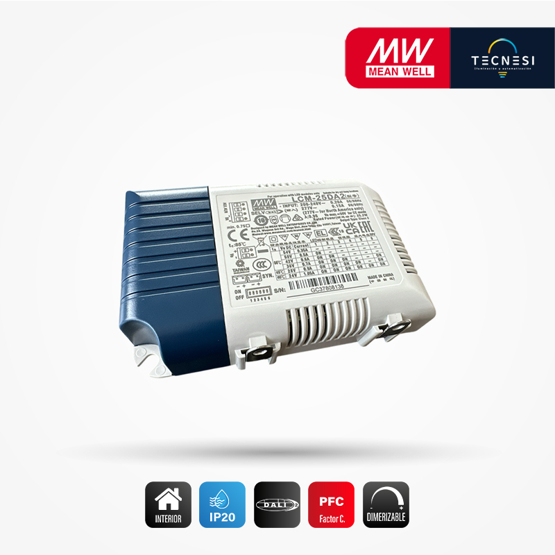 MEAN WELL (LCM-25DA2). Driver IP20, de 6-54V, 350-1050mA, Max. 25.2W, PF>0.94. DALI.