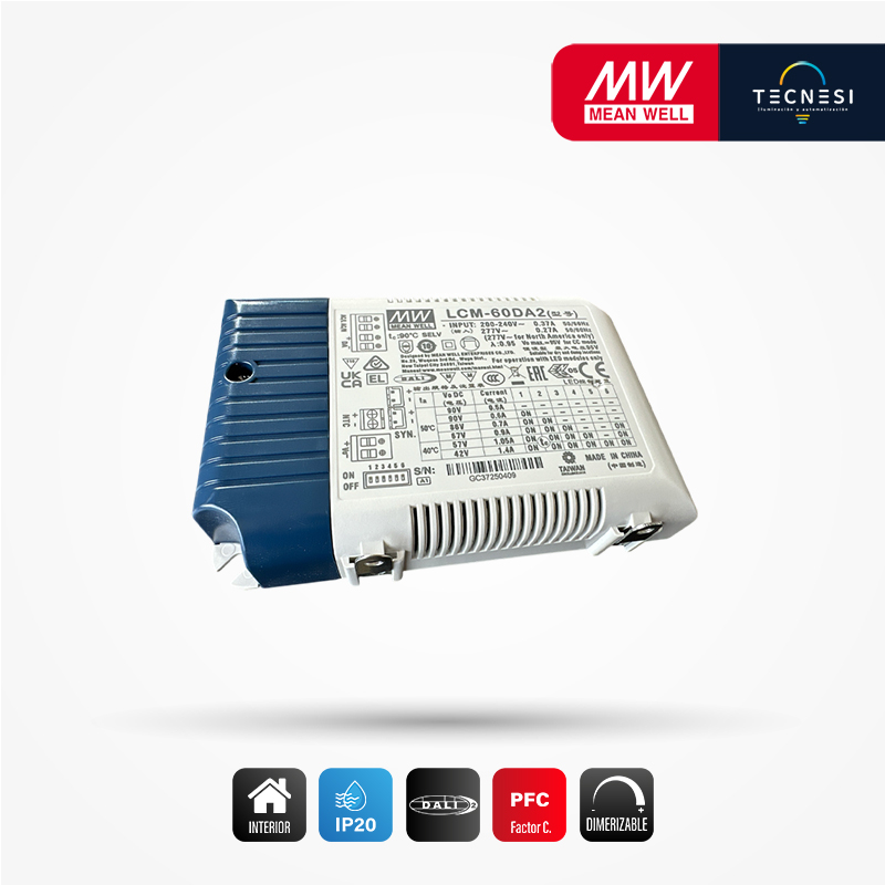 MEAN WELL (LCM-60DA2). Driver IP20, de 2-90V, 500-1400mA, Max. 60.3W, PF>0.975. DALI.