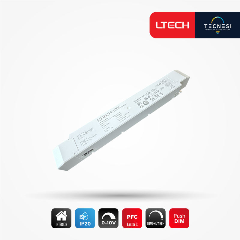 LTECH, driver IP20 (LM-100-24-G1A2). De 24V, 4.17A, 100W, PF>0.98. 0-10V, Push DIM.