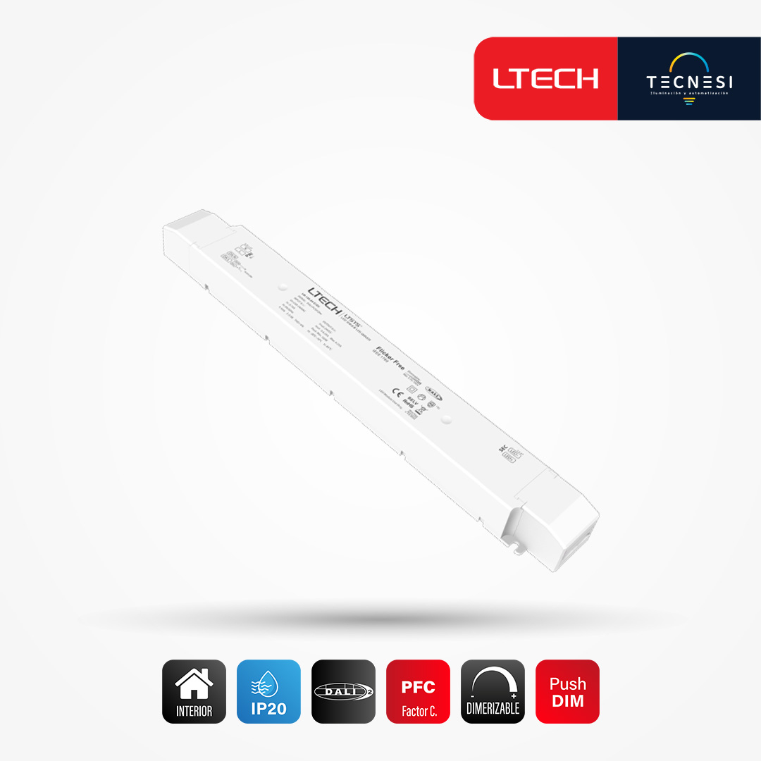 LTECH, driver IP20 (LM-150-24-G1D2). De 24V, 6.25A, 150W, PF>0.98. DALI, Push DIM.