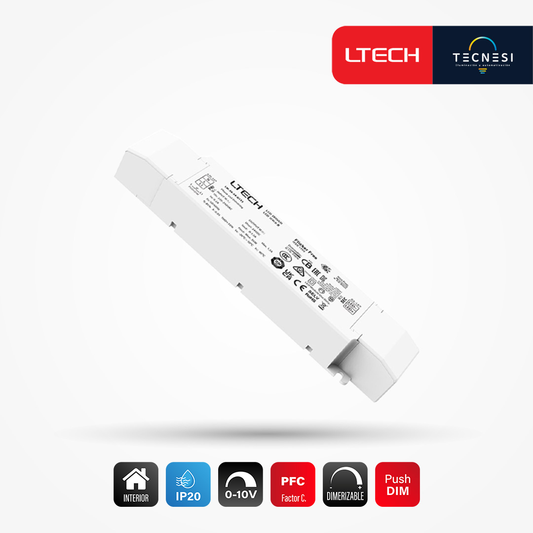 LTECH, driver IP20 (LM-36-24-G1A2). De 24V, 1.5A, 36W, PF>0.95. 0-10V, Push DIM.