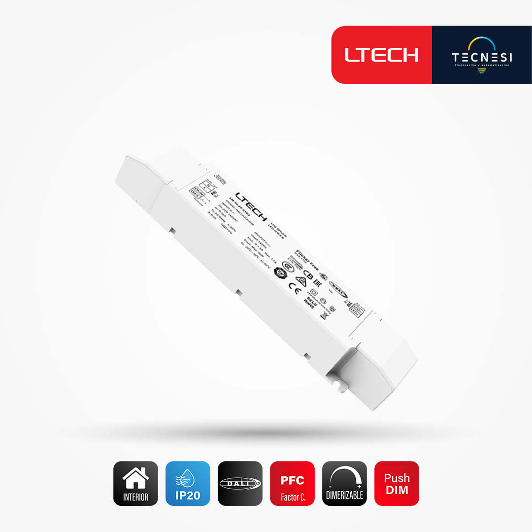 LTECH, driver IP20 (LM-36-24-G1D2). De 24V, 1.5A, 36W, PF>0.95. DALI, Push DIM.