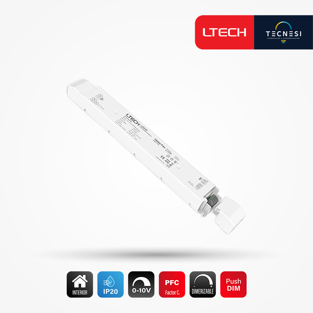 LTECH, driver IP20 (LM-75-24-G1A2). De 24V, 3.125A, 75W, PF>0.97. 0-10V, Push DIM.