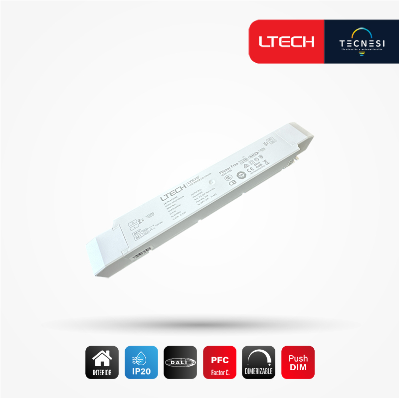 LTECH, driver IP20 (LM-75-24-G1D2). De 24V, 3.125A, 75W, PF>0.97. DALI, Push DIM.
