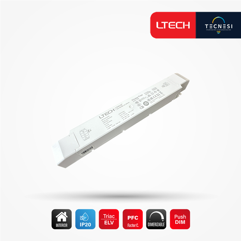 LTECH, driver IP20 (LM-75-24-G1T2). De 24V, 3.125A, 75W, PF>0.98. Phase Cut / TRIAC / ELV, Push DIM.