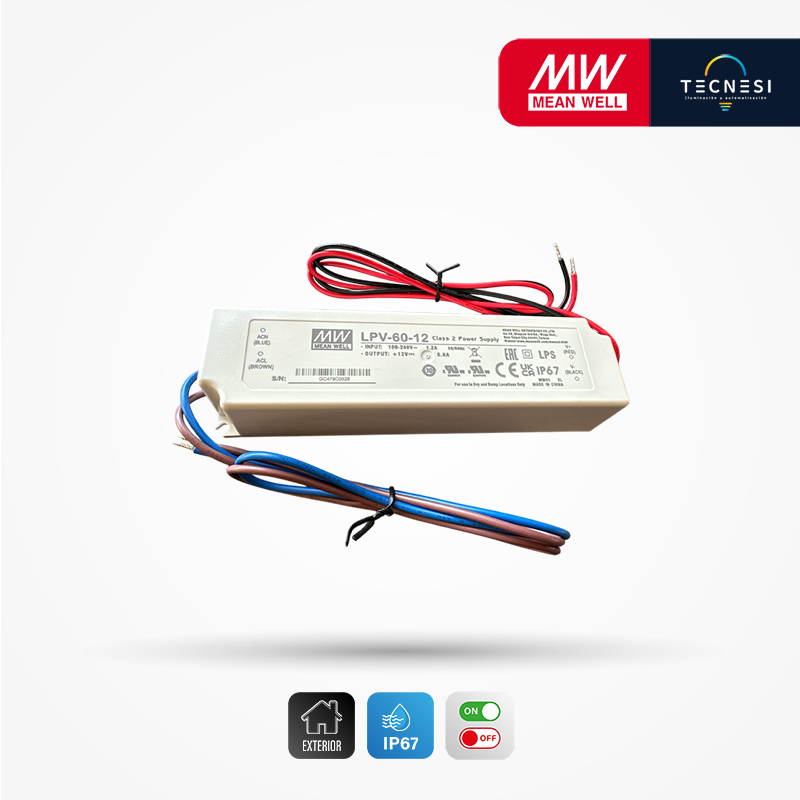 MEAN WELL (LPV-60-12). Driver IP67, de 12V, 5A, 60W. On/Off.