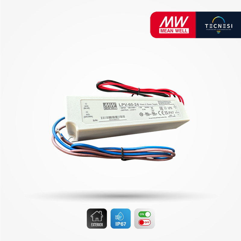 MEAN WELL (LPV-60-24). Driver IP67, de 24V, 2.5A, 60W. On/Off.