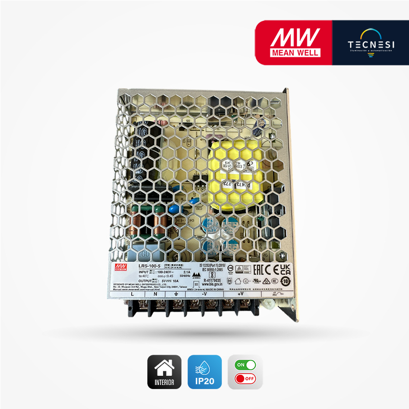 MEAN WELL (LRS-100-5). Driver IP20, de 5V, 18A, 90W. On/Off.