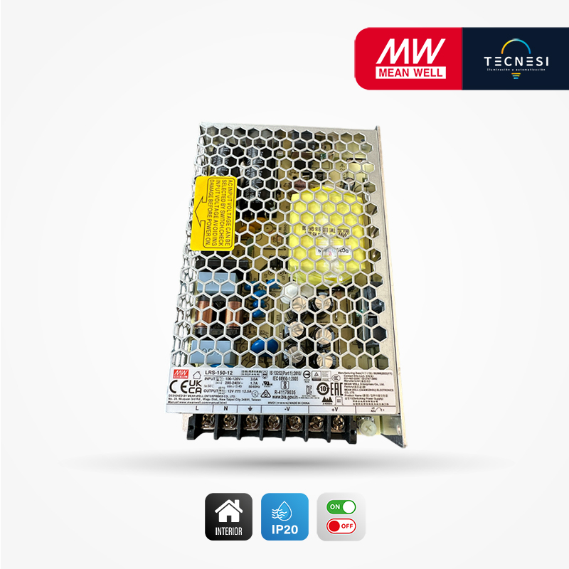 MEAN WELL (LRS-150-12). Driver IP20, de 12V, 12.5A, 150W. On/Off.
