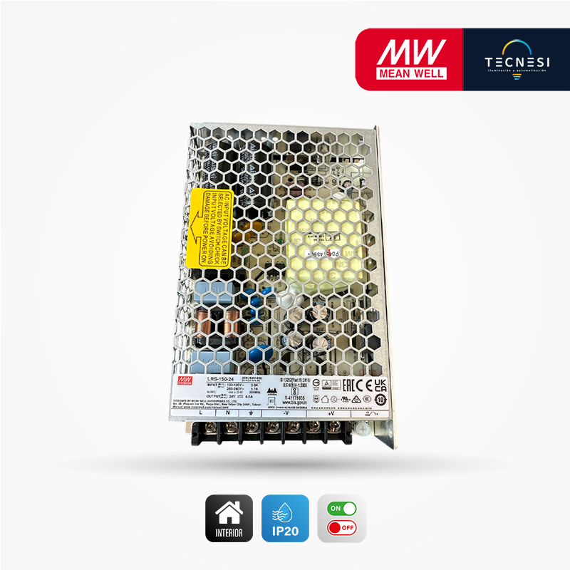 MEAN WELL (LRS-150-24). Driver IP20, de 24V, 6.5A, 156W. On/Off.