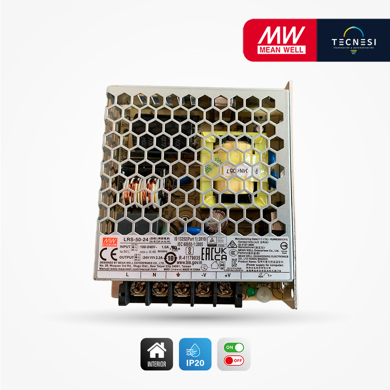 MEAN WELL (LRS-50-24). Driver IP20, de 24V, 2.2A, 52.8W. On/Off.
