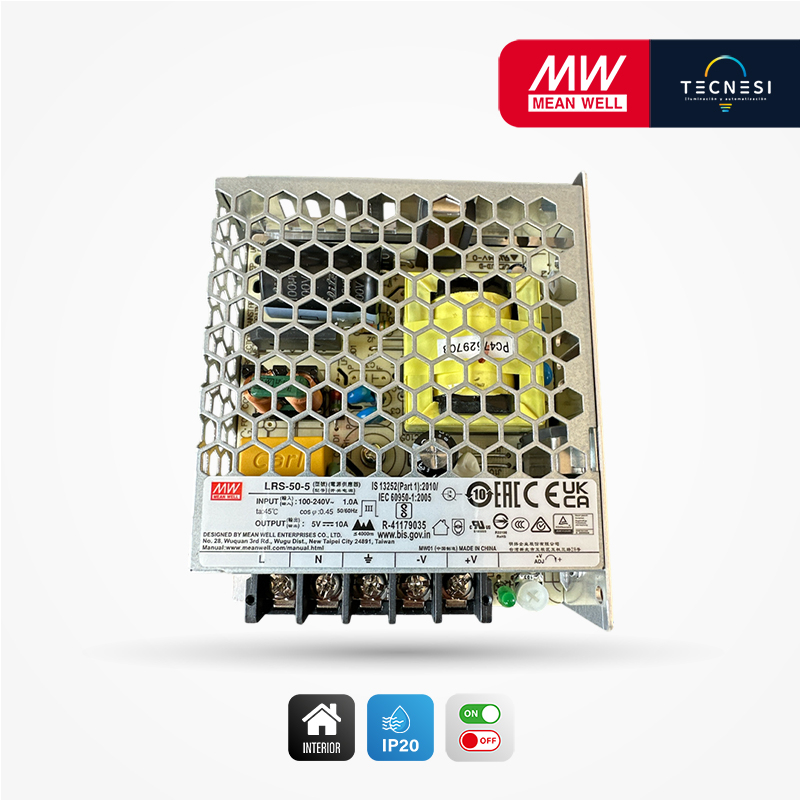 MEAN WELL (LRS-50-5). Driver IP20, de 5V, 10A, 50W. On/Off.