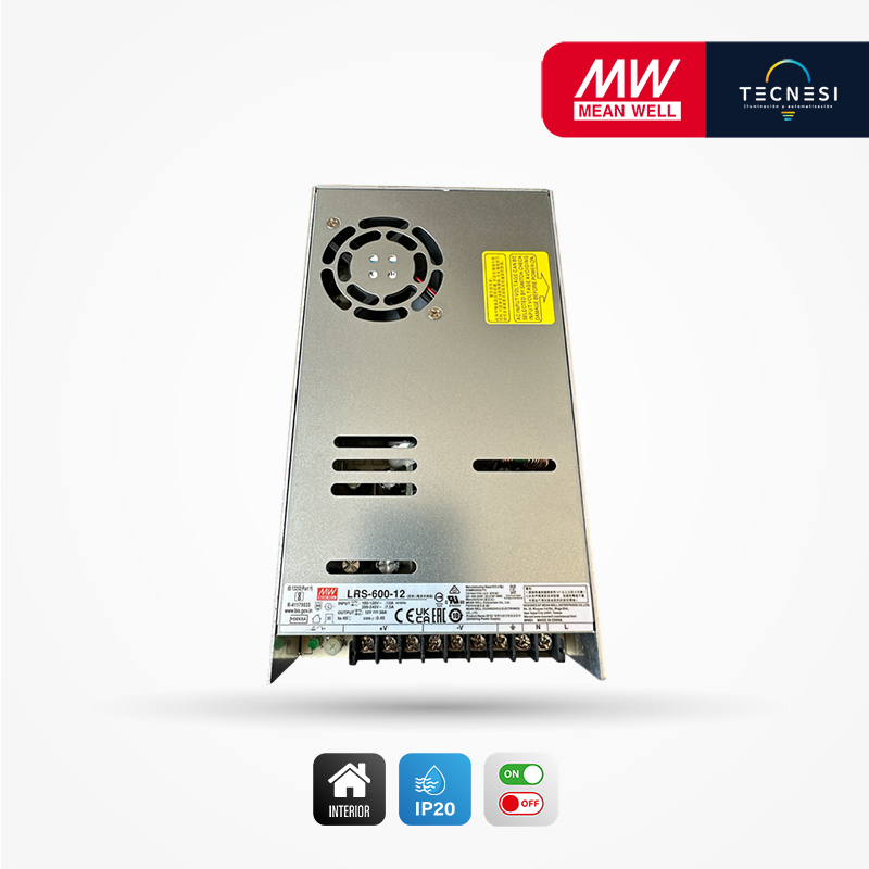 MEAN WELL (LRS-600-12). Driver IP20, de 12V, 50A, 600W. On/Off.