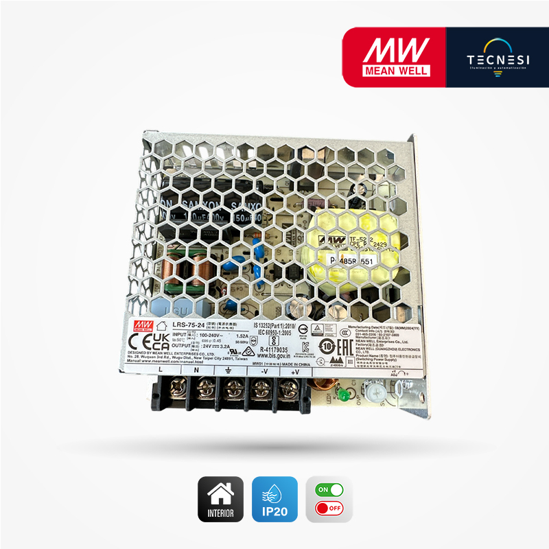 MEAN WELL (LRS-75-24). Driver IP20, de 24V, 3.2A, 76.8W. On/Off.