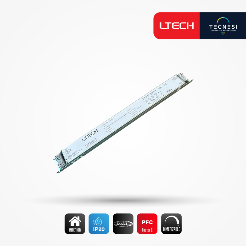 LTECH, driver IP20 (LU-75-500-1750-U1D2). De 10-54VDC, 500-1750mA, 5-75W, PF>0.9. DALI, Push DIM.