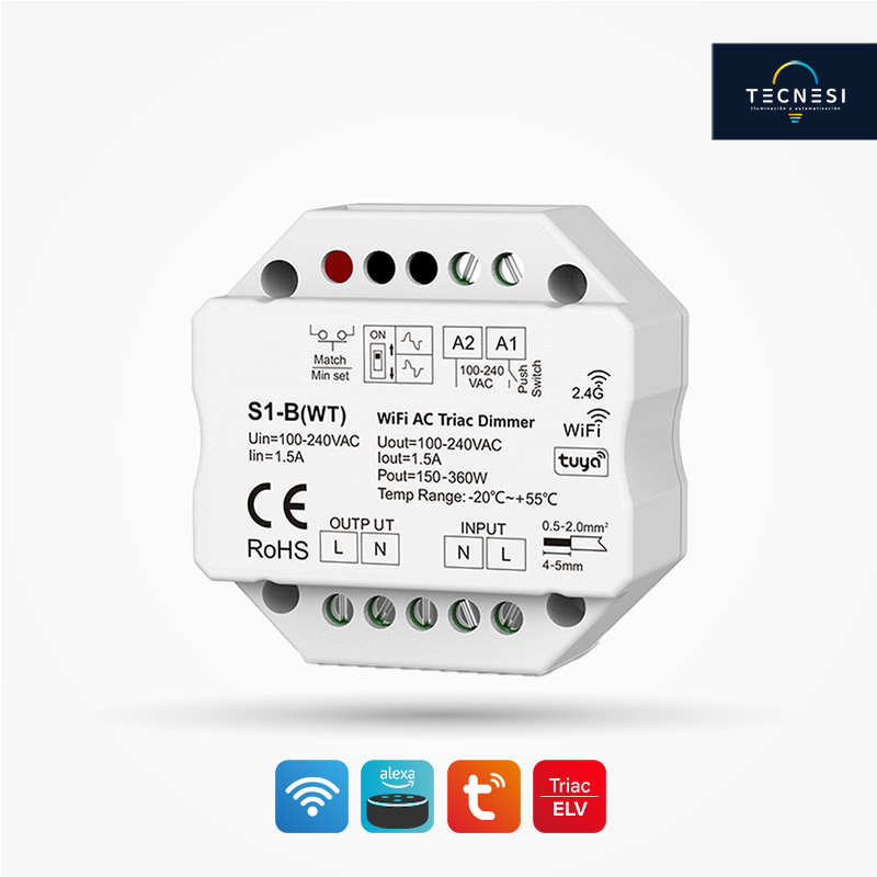 Controlador TECNESI (S1-B(WT)). Corte de fase, App Tuya, RF y Push dim de 1CH, 1.5A. Entrada 100-240VAC.