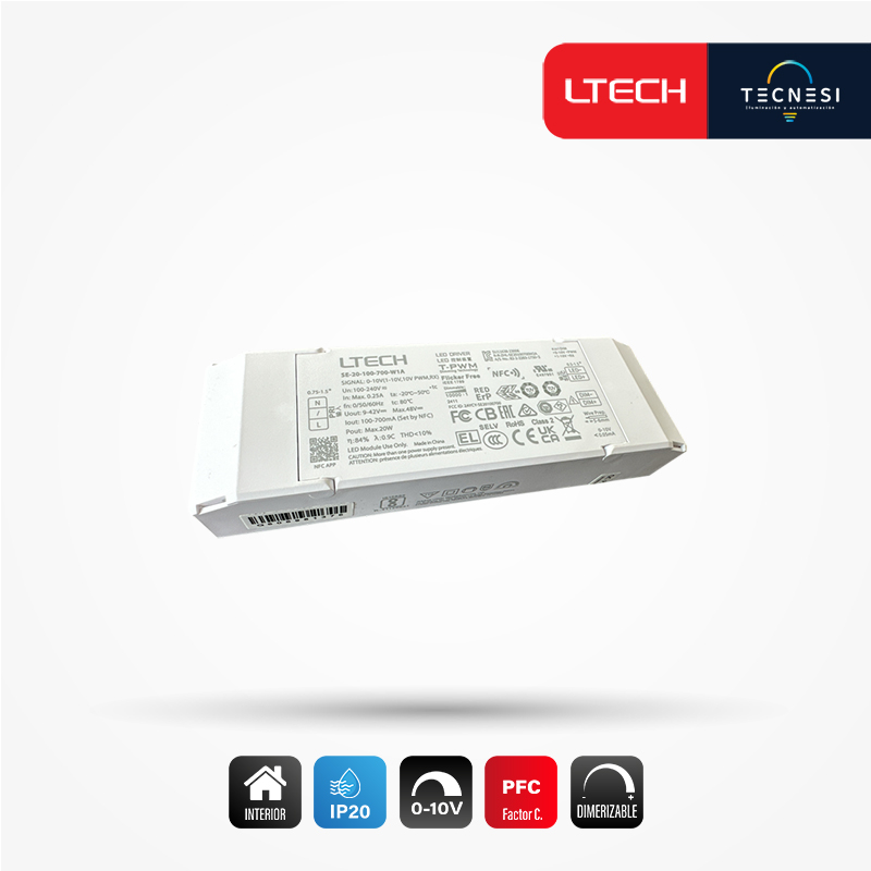 LTECH, driver IP20 (SE-20-100-700-W1A). De 9-42VDC, 100-700mA, 0.9-20W, PF>0.9. 0-10V, NFC.