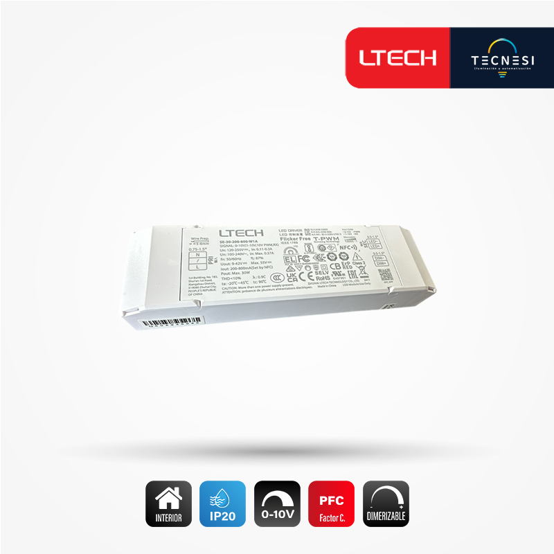 LTECH, driver IP20 (SE-30-200-800-W1A). De 9-42VDC, 200-800mA, 1.8-30W, PF>0.9. 0-10V, NFC.