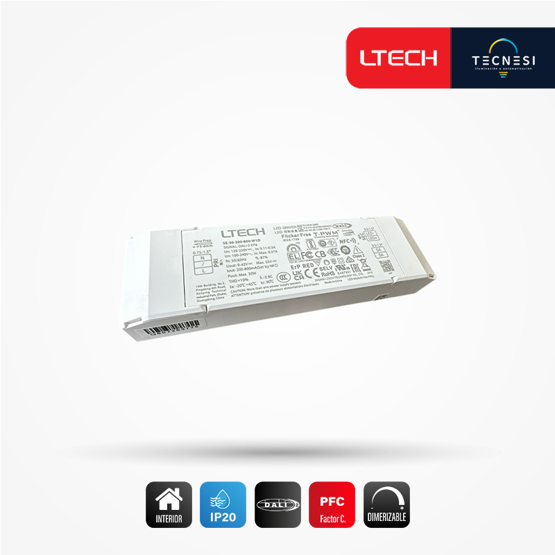 LTECH, driver IP20 (SE-30-200-800-W1D). De 9-42VDC, 200-800mA, 1.8-30W, PF>0.9. DALI, NFC.