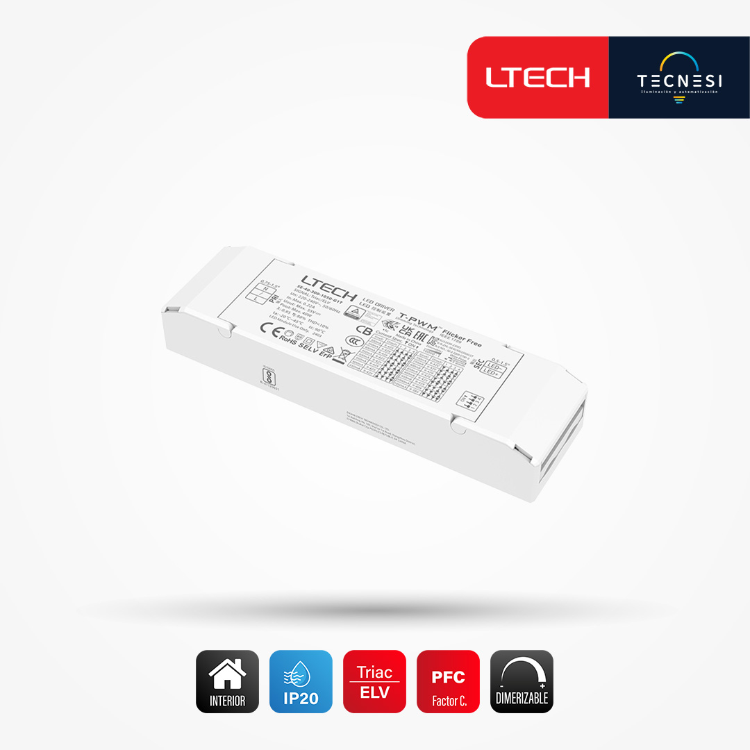 LTECH, driver IP20 (SE-40-300-1050-G1T). De 9-42V, 300-1050mA, 2.7-40W, PF>0.95. Phase Cut / TRIAC / ELV.