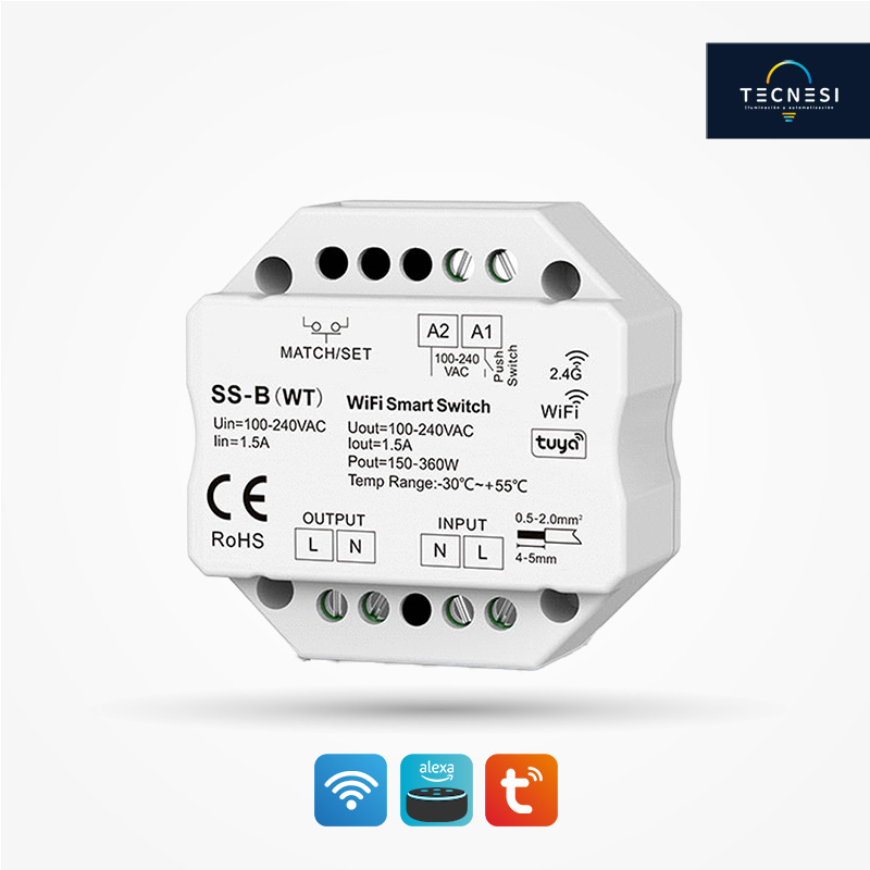 Controlador TECNESI (SS-B(WT)). Switch, App Tuya, RF y Push dim de 1CH, 1.5A. Entrada 100-240VAC.