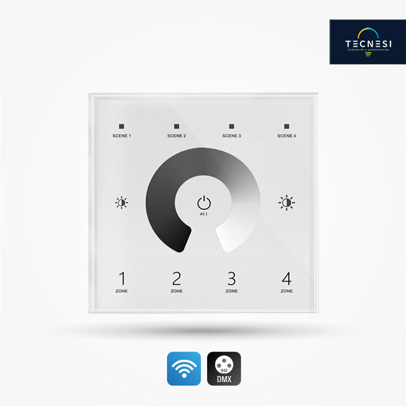 Controlador TECNESI (T11). DMX + RF. Táctil 1CH, de 4 zonas. Entrada: 100-240VAC. Caja tipo 86. Blanco.